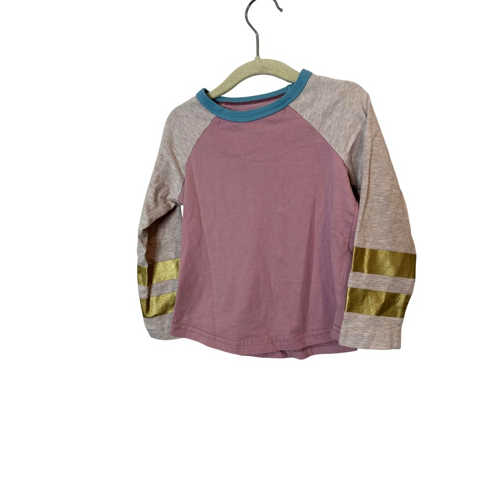 Mini Boden Shirt Kids 3T Pink Raglan Long Sleeve Gold Stripe Tee Crewneck Top